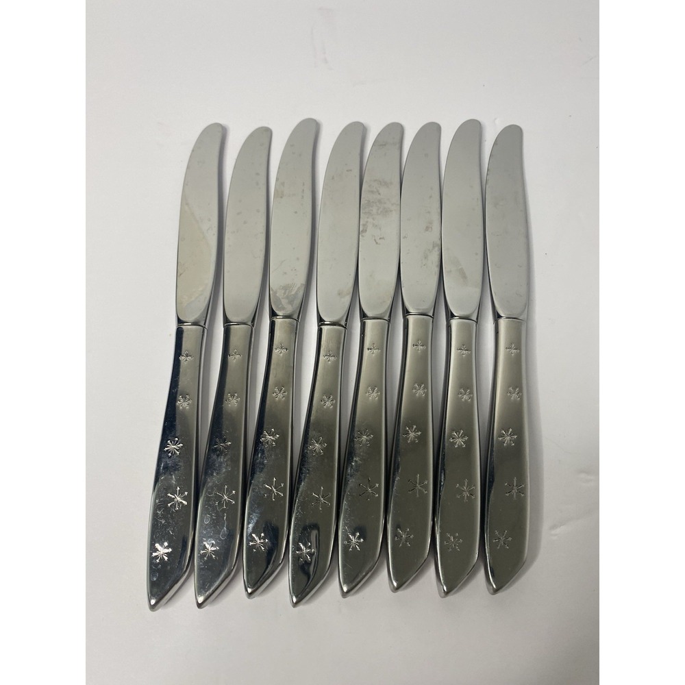 Wallace Stainless Snow Fall Dinner Knives Lot Of 8 Snowflake Winter Holiday